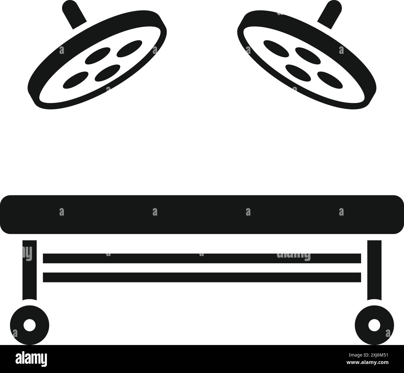 Silhouette noire d'une table d'opération avec des lumières chirurgicales brillantes, représentant des procédures médicales et des soins de santé Illustration de Vecteur