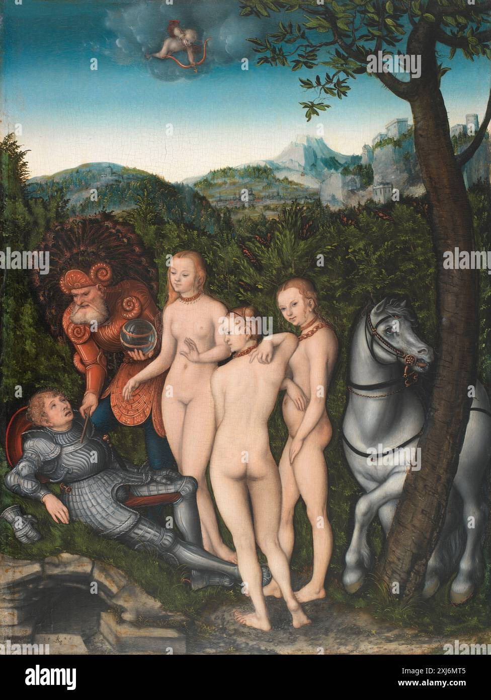 Tableau représentant le jugement de Paris montrant Paris, les trois déesses et la pomme d'or de Lucas Cranach l'ancien. Banque D'Images