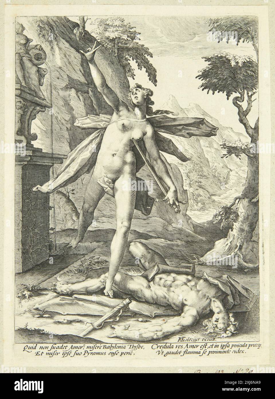 Pyramus et Thisbe Muller, Jan Harmensz. 1571 - 1628, Goltzius, Hendrick 1558 - 1617 gravure sur cuivre, impression The New Hollstein gravures, gravures et gravures sur bois néerlandaises et flamandes 1450-1700, Hendrick Goltzius, partie I-IV, Marjolein Leesberg, 585 III, C 48058, 2012 Pyramus og Thisbe Banque D'Images