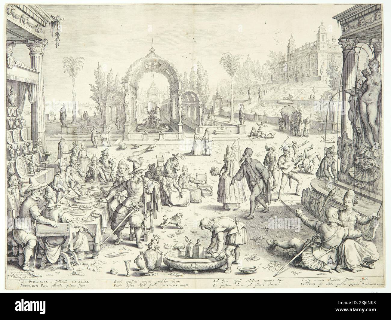 Gravure sur cuivre de Jacob Matham représentant la parabole de l'homme riche et Lazare. L'estampe met l'accent sur des figures contrastées, des gestes, des décors intérieurs et extérieurs, et un récit moral, illustrant une gravure néerlandaise du début du XVIIe siècle. » Banque D'Images