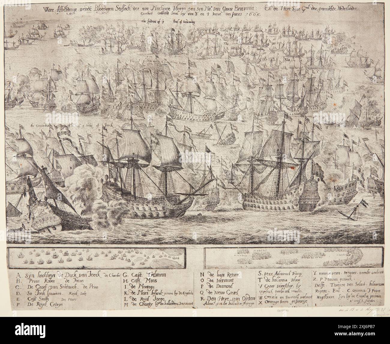 Gravure représentant une bataille navale entre les flottes anglaise et néerlandaise en juin 1665, montrant des navires, des marins et des combats maritimes pendant la seconde guerre anglo-néerlandaise, créée par Dirk Stoop au XVIIe siècle. Banque D'Images