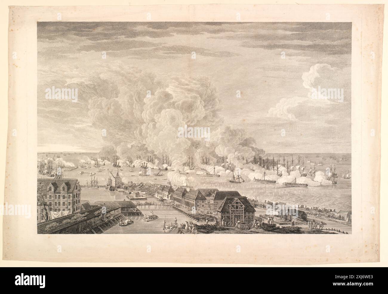 Gravure sur cuivre de J.F. Clemens (1748–1831) et C.A. Lorentzen (1746–1828) représentant la bataille de Reden le 2 avril 1801, montrant les navires de la marine, les formations et l'action de la flotte danoise. Banque D'Images