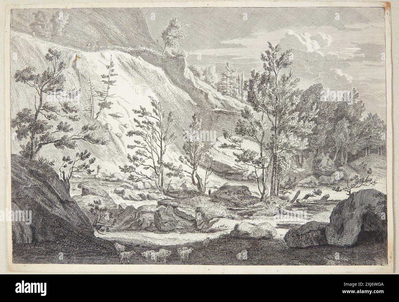 Gravure de Johannes Glauber représentant un paysage avec un troupeau de moutons, montrant des paysages pastoraux néerlandais et la présence d'animaux au XVIIe siècle Banque D'Images