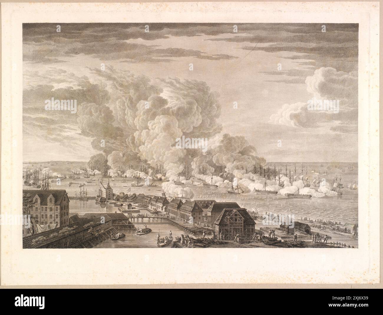 Cette gravure sur cuivre de J.F. Clemens d'après C.A. Lorentzen représente la bataille de Reden le 2 avril 1801, montrant des navires de la marine, des formations, des figures, et le port dans une estampe danoise historique. Banque D'Images