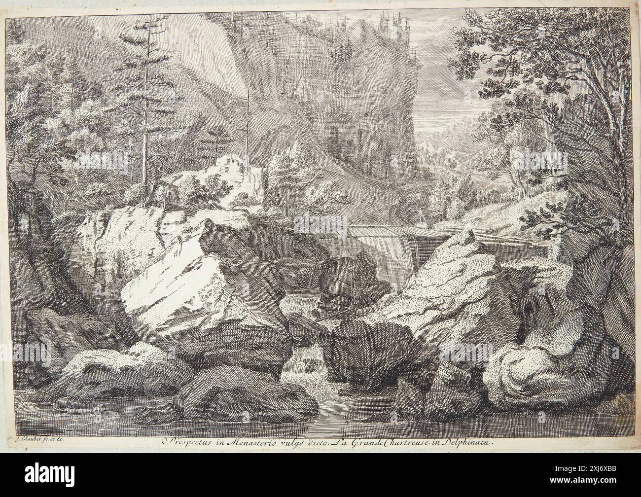 Gravure montrant une vallée avec une cascade, créée par Johannes Glauber entre 1646 et 1724, incluse dans la collection de gravures néerlandaises et flamandes. Banque D'Images