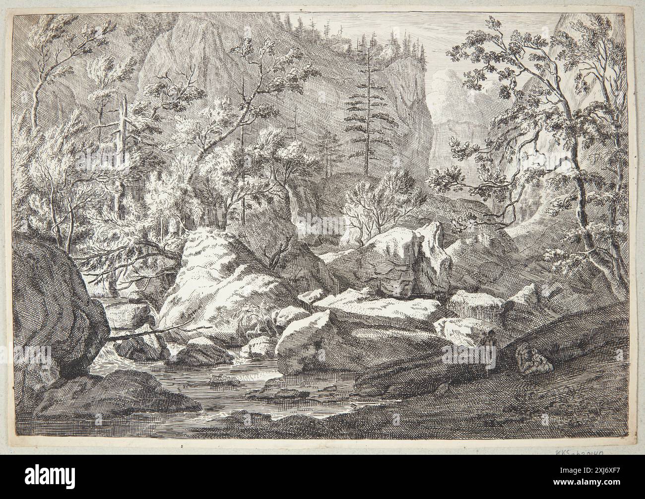 Gravure d'une vallée avec des rochers et des arbres, créée par Johannes Glauber entre 1646 et 1724, incluse dans la collection de gravures néerlandaises et flamandes. Banque D'Images