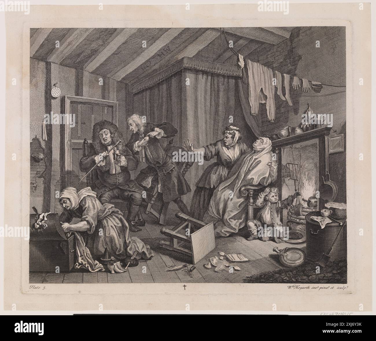 Plaque de gravure sur cuivre 5 de la série « A Harlot’s Progress » de William Hogarth (1697–1764), représentant des scènes narratives de la vie urbaine. Banque D'Images
