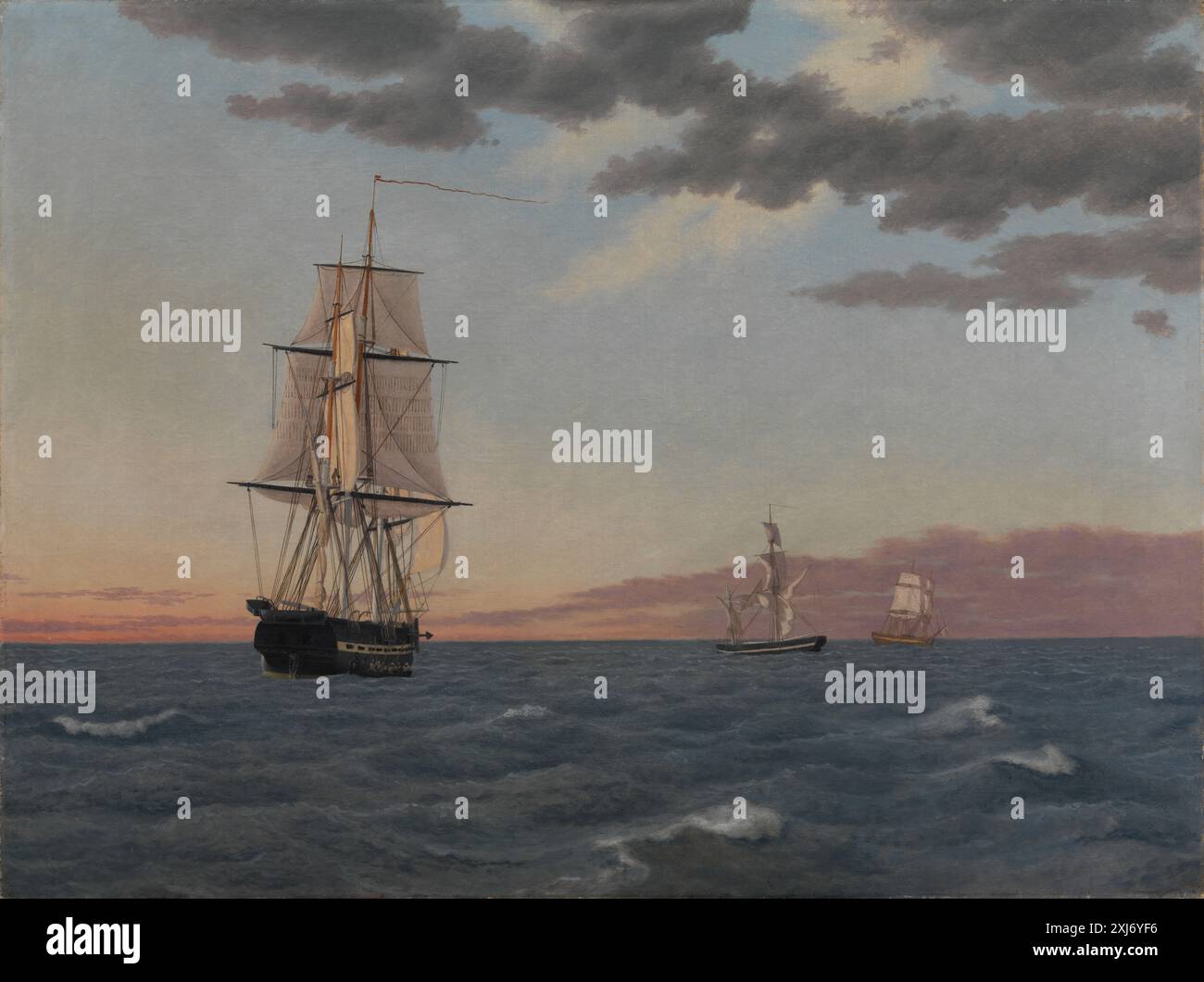 La peinture représente la corvette Galathea couchée pour envoyer de l'aide au brick St Jean, montrant les navires, la mer, les voiles et l'action maritime. Banque D'Images