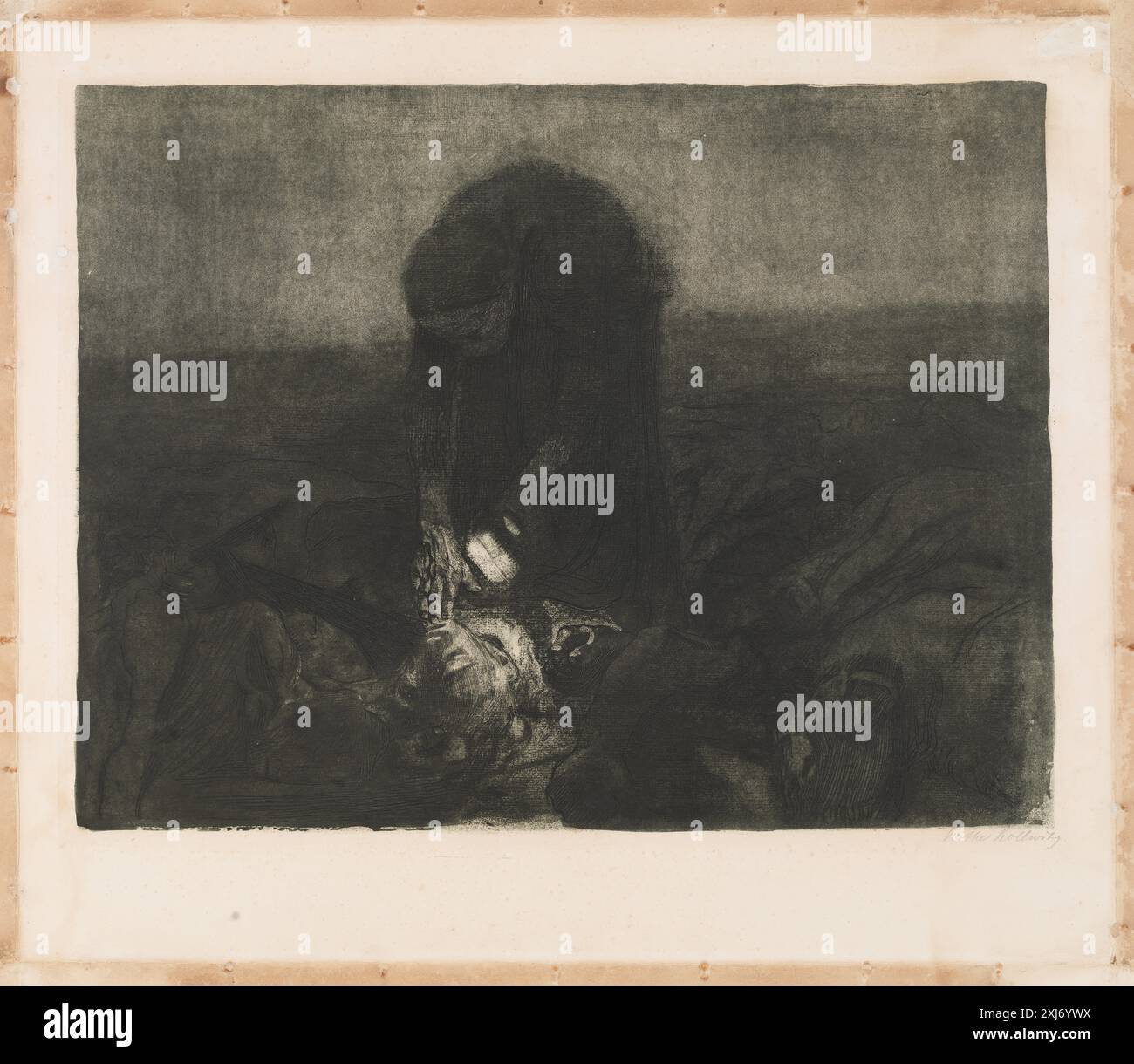 Gravure de Käthe Kollwitz montrant une scène de champ de bataille, représentant des soldats, des paysages et des éléments de conflit, mettant l'accent sur l'expression et la composition. Banque D'Images