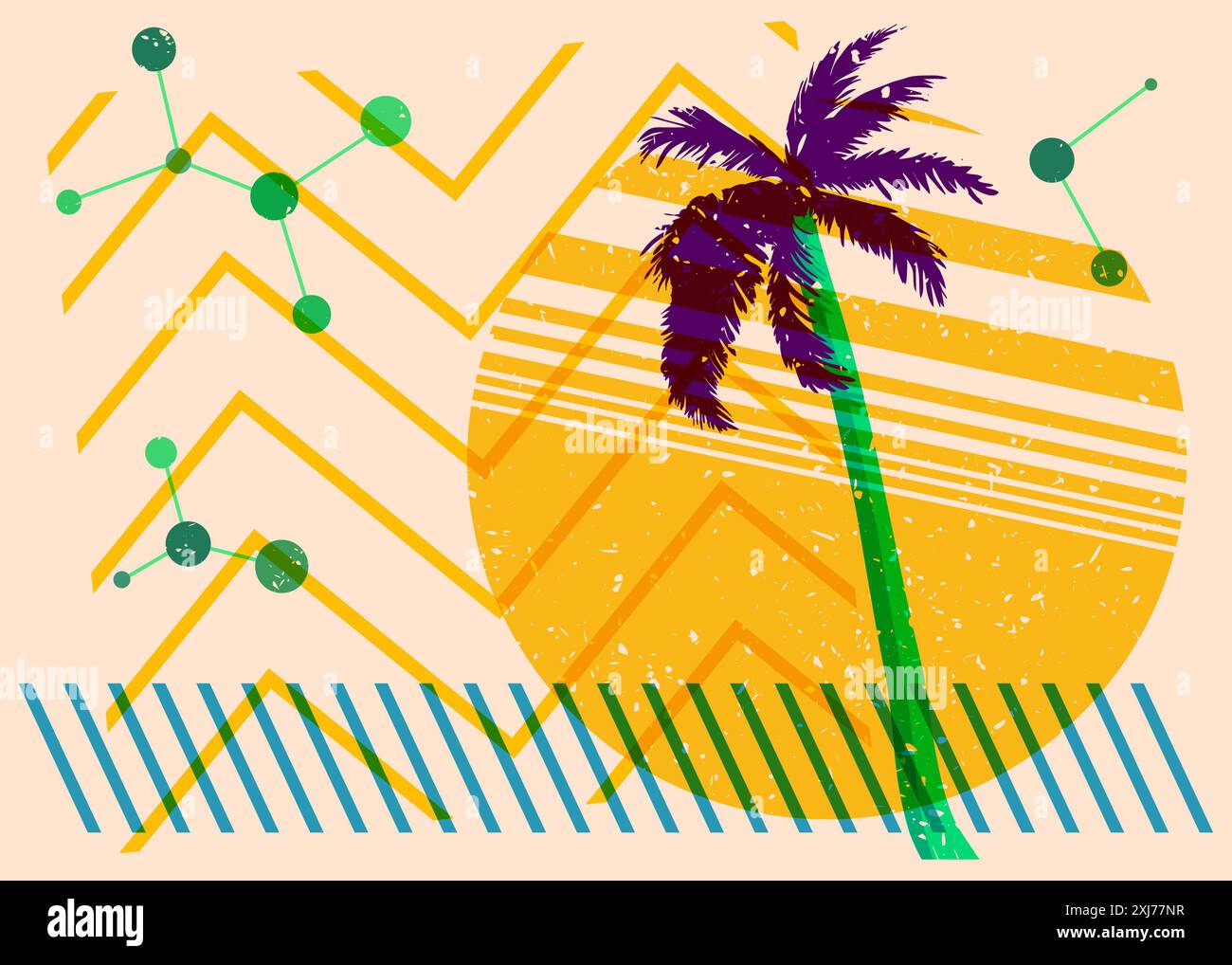 Risograph Palm Tree avec des formes géométriques. Les objets dans le graphique riso à la mode impriment la conception de style de texture avec des éléments géométriques. Illustration de Vecteur