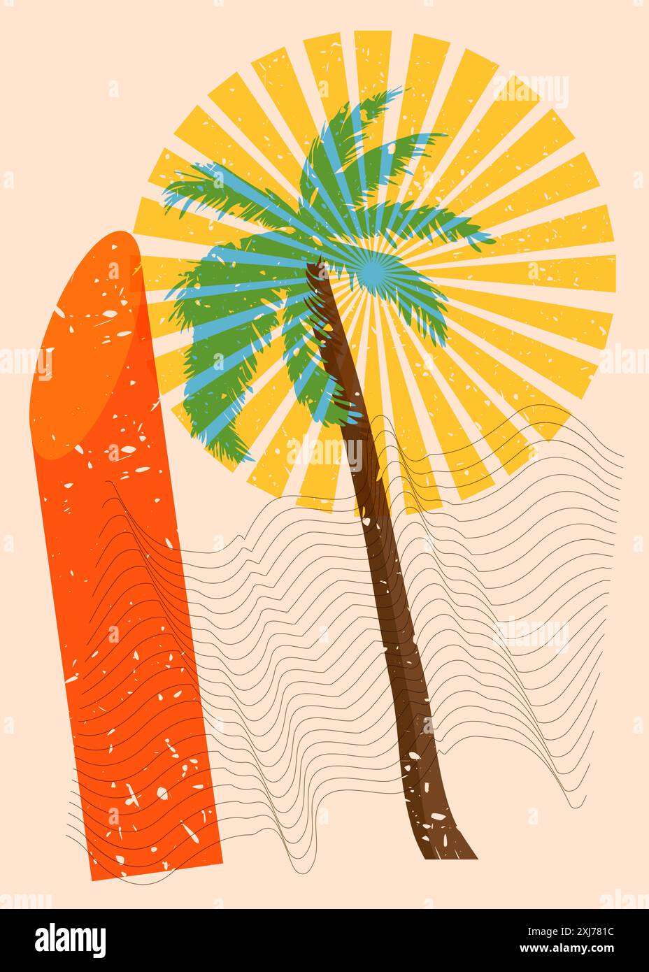 Risograph Palm Tree avec des formes géométriques. Les objets dans le graphique riso à la mode impriment la conception de style de texture avec des éléments géométriques. Illustration de Vecteur