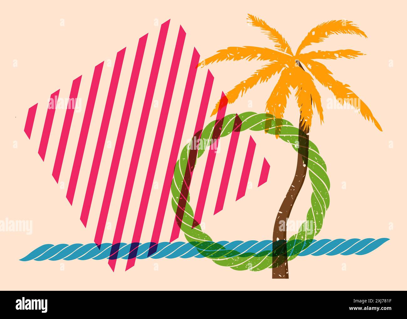 Risograph Palm Tree avec des formes géométriques. Les objets dans le graphique riso à la mode impriment la conception de style de texture avec des éléments géométriques. Illustration de Vecteur