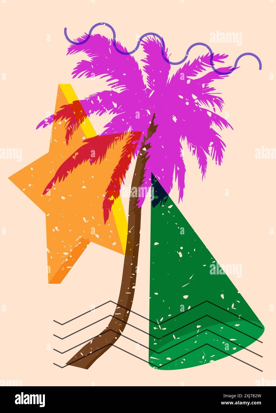 Risograph Palm Tree avec des formes géométriques. Les objets dans le graphique riso à la mode impriment la conception de style de texture avec des éléments géométriques. Illustration de Vecteur