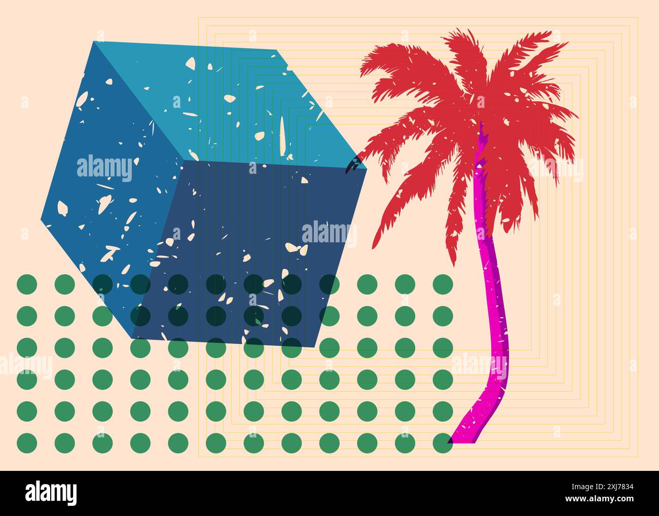 Risograph Palm Tree avec des formes géométriques. Les objets dans le graphique riso à la mode impriment la conception de style de texture avec des éléments géométriques. Illustration de Vecteur