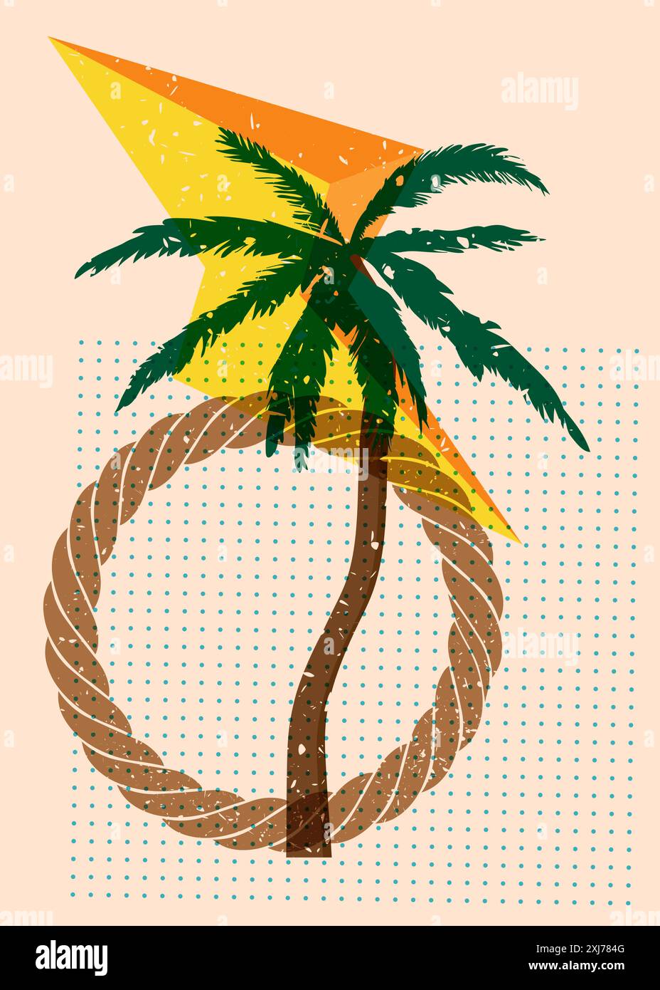 Risograph Palm Tree avec des formes géométriques. Les objets dans le graphique riso à la mode impriment la conception de style de texture avec des éléments géométriques. Illustration de Vecteur