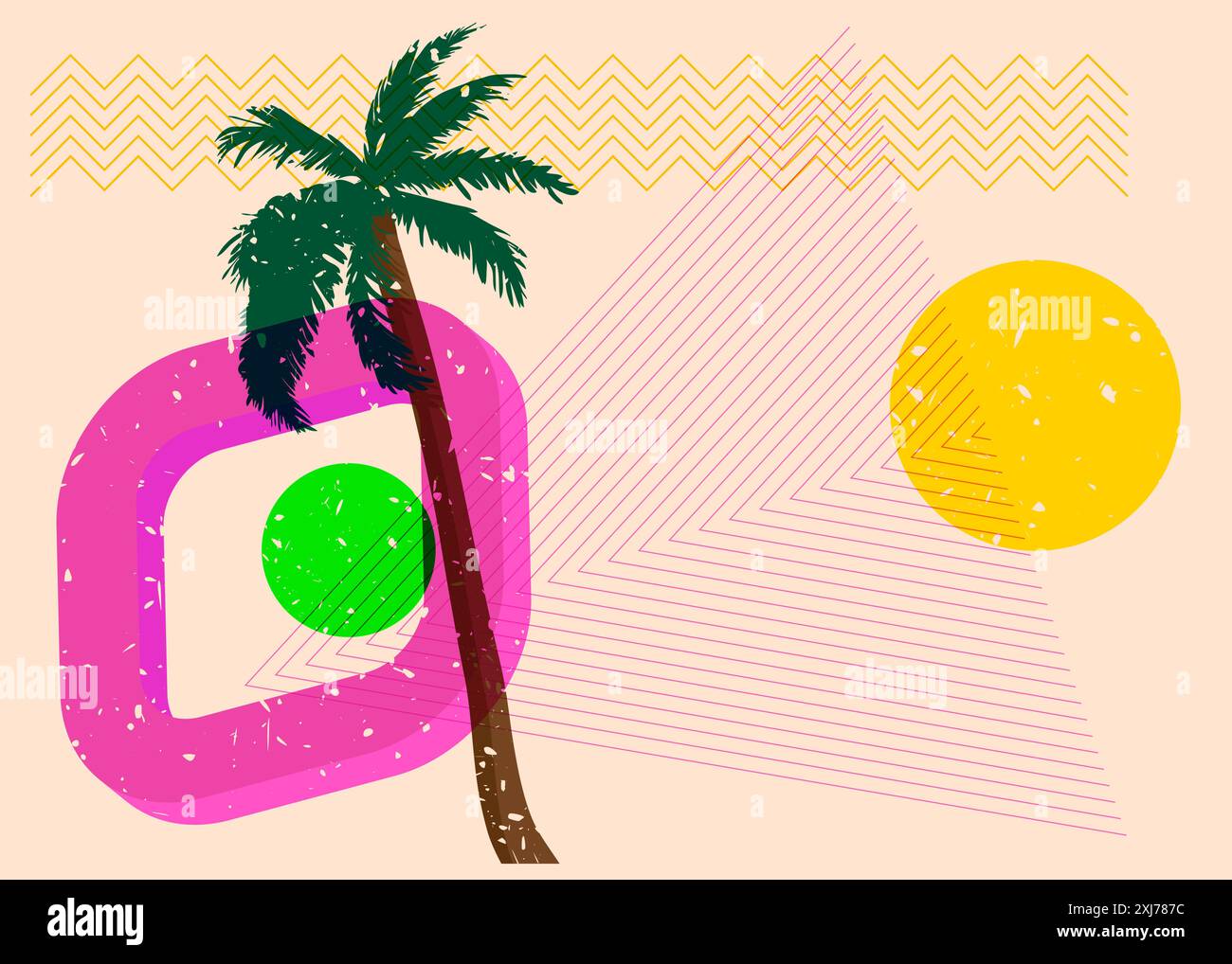 Risograph Palm Tree avec des formes géométriques. Les objets dans le graphique riso à la mode impriment la conception de style de texture avec des éléments géométriques. Illustration de Vecteur