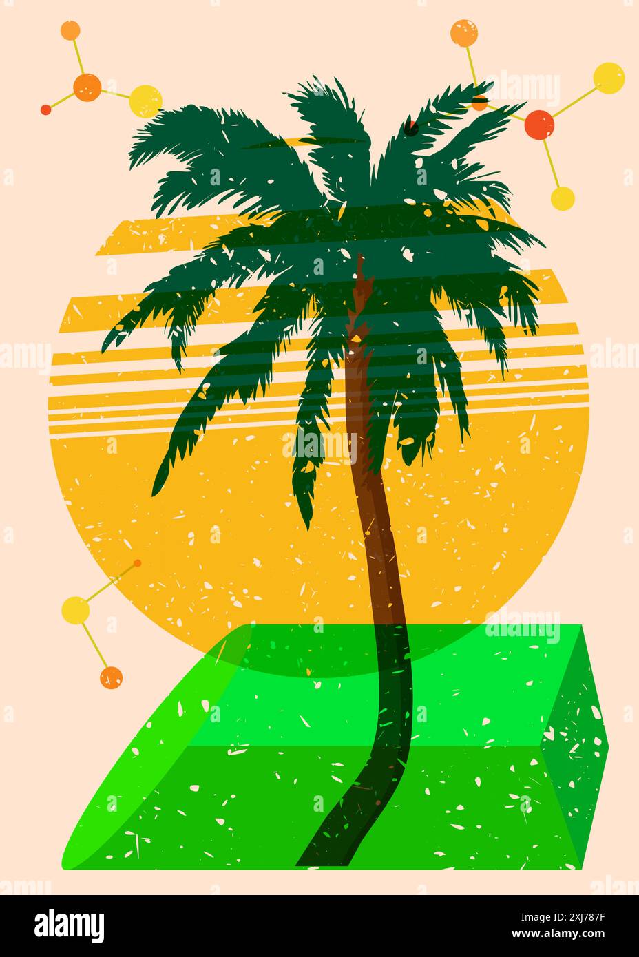 Risograph Palm Tree avec des formes géométriques. Les objets dans le graphique riso à la mode impriment la conception de style de texture avec des éléments géométriques. Illustration de Vecteur