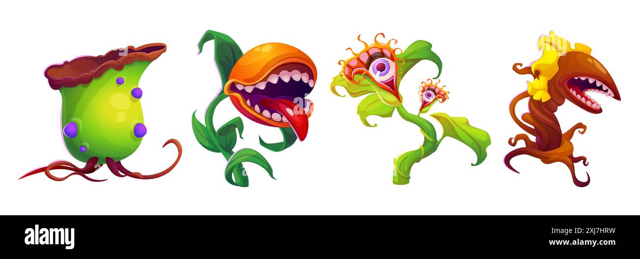 Monstre plants ensemble isolé sur fond blanc. Illustration vectorielle de dessins animés de fleurs effrayantes avec des dents et la langue dans la bouche mordante, de grands yeux effrayants, de feuilles toxiques toxiques toxiques toxiques, de flore extraterrestre, d'icônes d'interface utilisateur de jeu Illustration de Vecteur