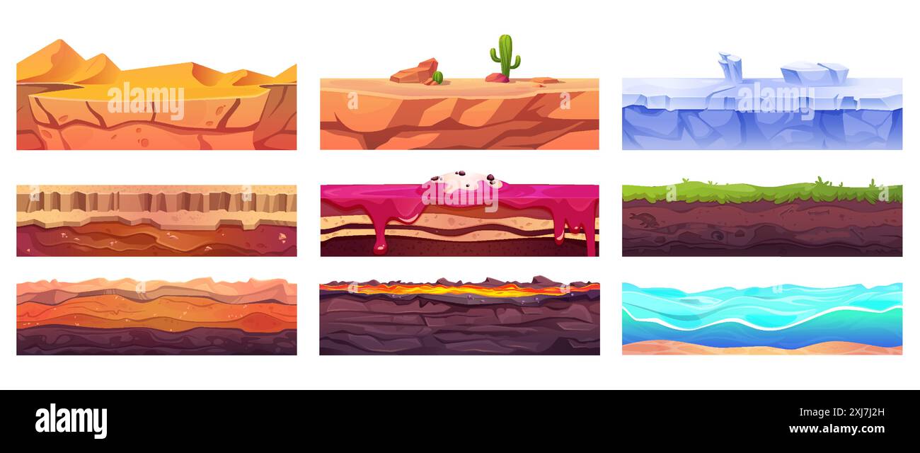 Terrain de sol de jeu avec herbe et dessin animé de couche. Saleté, eau, désert et confiserie illustration de paysage d'environnement sans couture. formation de nature 2d avec ensemble d'actifs de structure géologique. Plancher de lave Illustration de Vecteur Terrain de sol de jeu avec herbe et dessin animé de couche. Saleté, eau, désert et confiserie illustration de paysage d'environnement sans couture. formation de nature 2d avec ensemble d'actifs de structure géologique. Plancher de lave Illustration de Vecteur