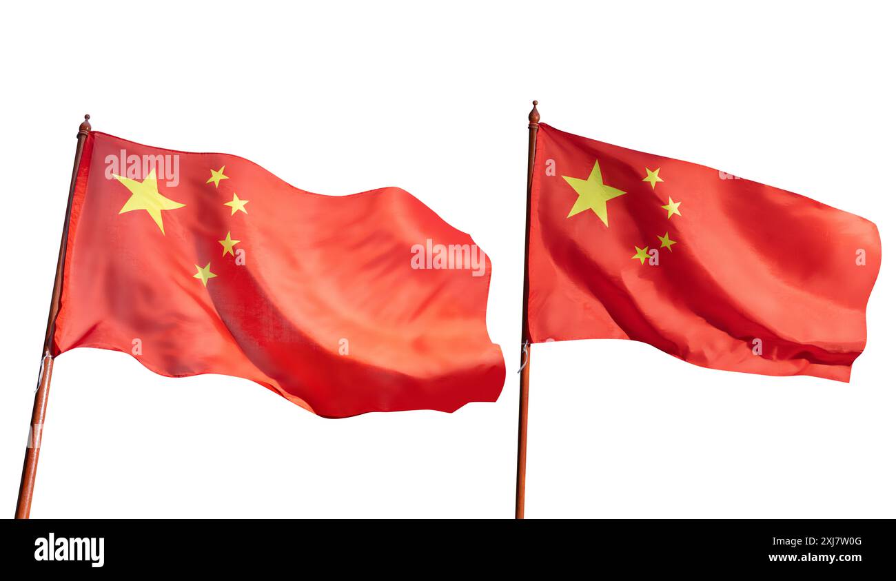 Deux drapeaux rouges avec des étoiles dessus. L'un est à gauche et l'autre à droite. Drapeau national de la Chine Banque D'Images
