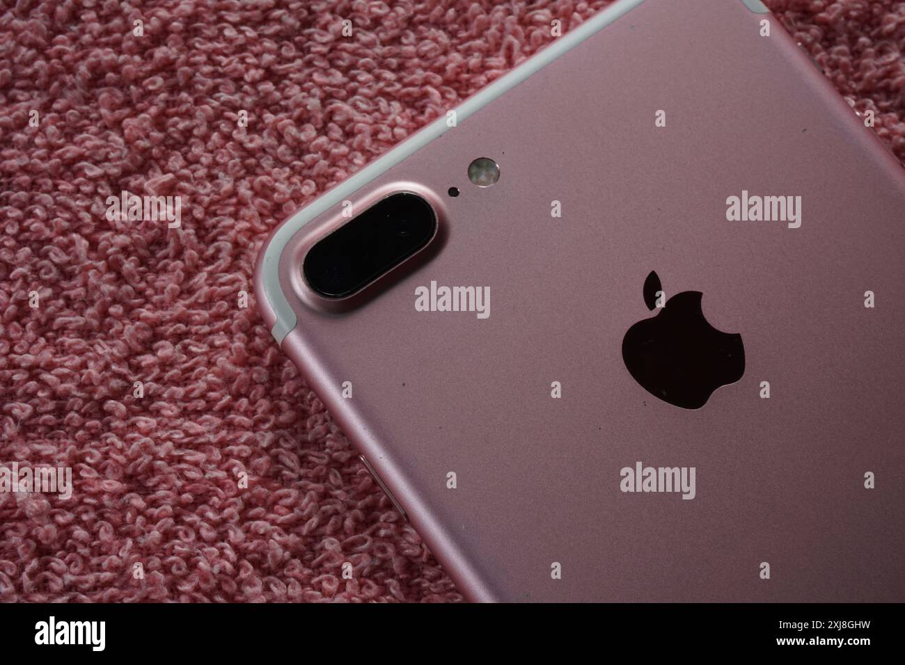 Terengganu, Malaisie - 2 août 2024 : gros plan de pomme rose iphone 7 plus téléphone sur fond rouge. Panneau arrière de l'appareil iphone. Logo Apple iphone. Banque D'Images