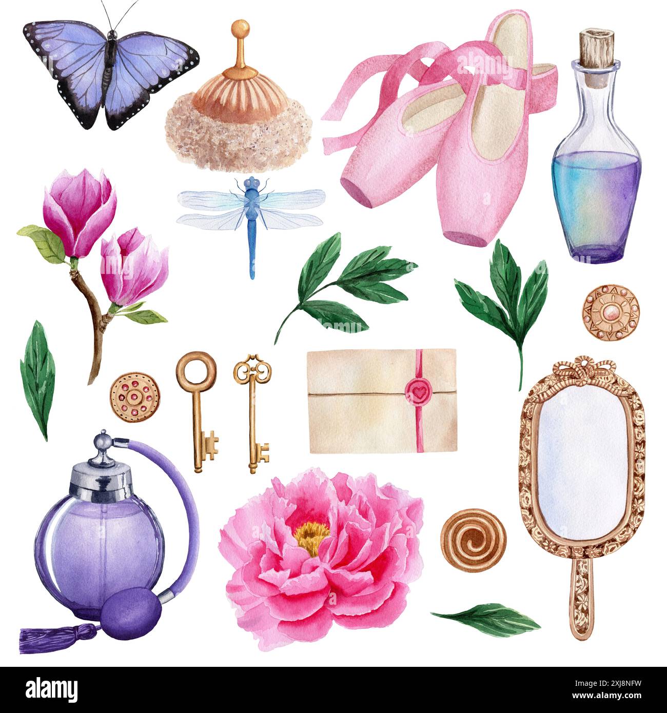 Ensemble aquarelle avec bouteilles de parfum, papillon, libellule, bouffée de poudre, chaussures de pointe, pivoine, feuilles, magnolia, miroir, clés, enveloppe, boutons. Pour de Banque D'Images