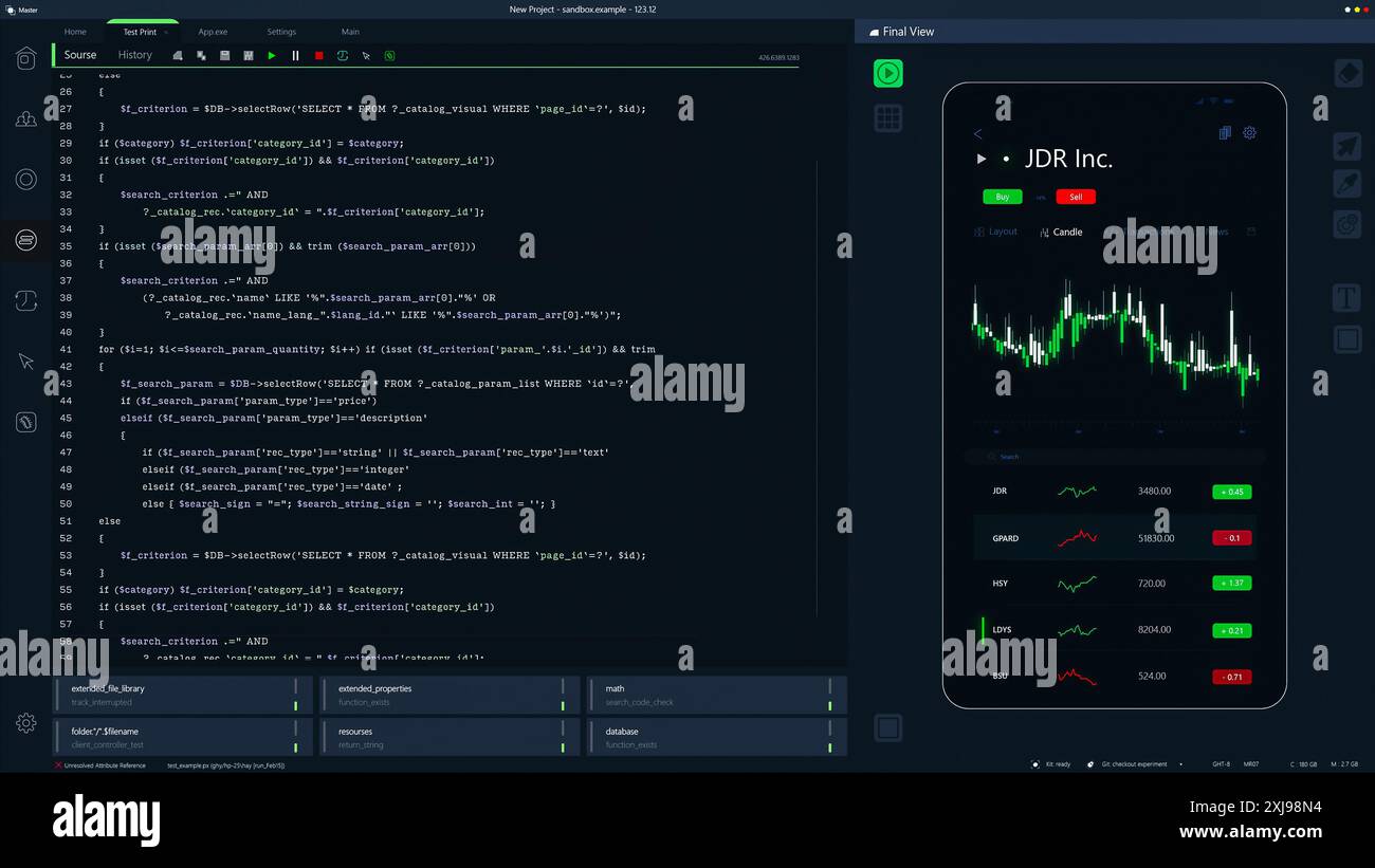 Interface de programmation Dark pour applications mobiles UX, développement d'interface utilisateur avec lignes de code. Processus de codage derrière Investment Platform App Design. Modèle pour écrans d'ordinateur de bureau, ordinateurs portables. Banque D'Images
