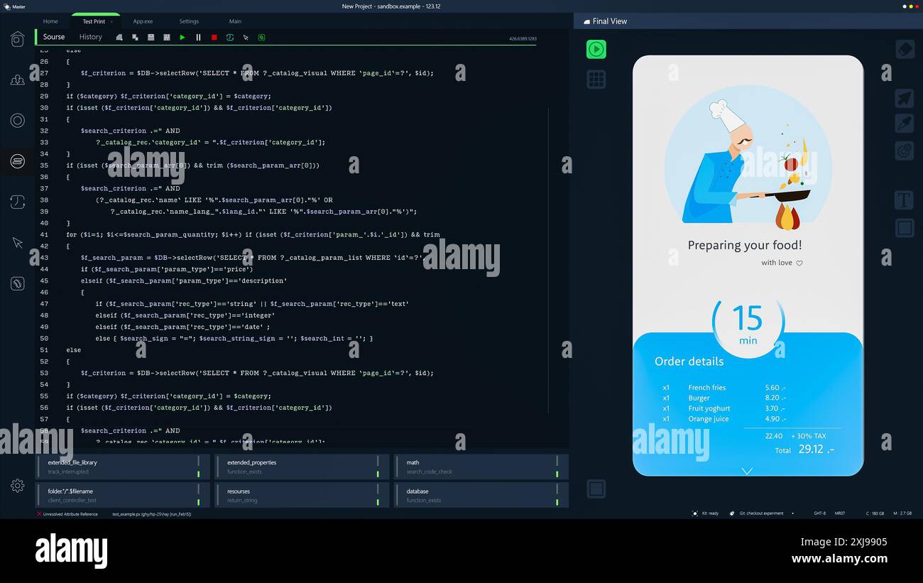 Interface de programmation Dark pour applications mobiles UX, développement d'interface utilisateur avec lignes de code. Processus de codage derrière la conception de l'application Food Delivery. Modèle pour écrans d'ordinateur de bureau, ordinateurs portables. Banque D'Images