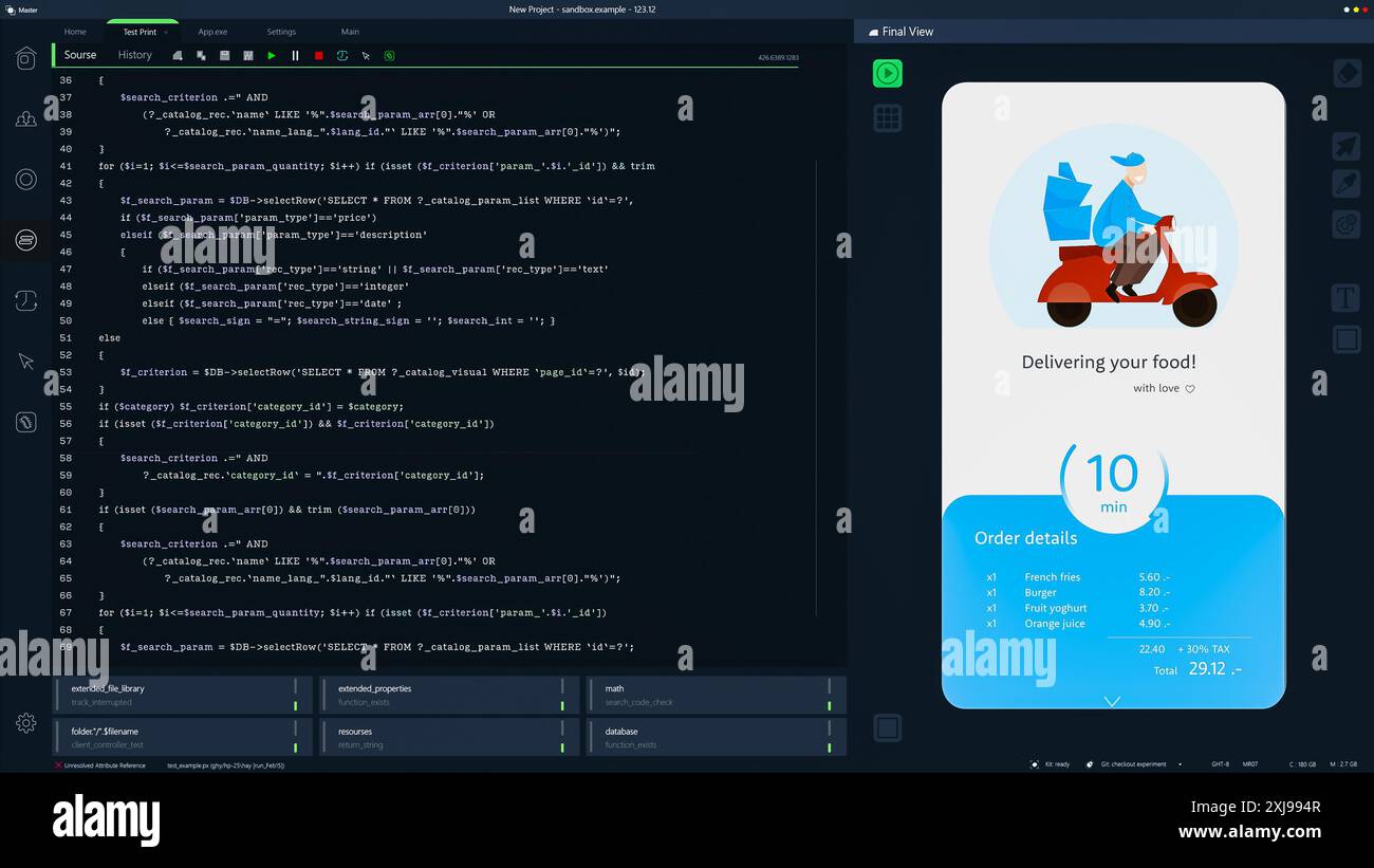 Interface de programmation Dark pour applications mobiles UX, développement d'interface utilisateur avec lignes de code. Processus de codage derrière la conception de l'application Food Delivery. Modèle pour écrans d'ordinateur de bureau ou ordinateurs portables. Banque D'Images