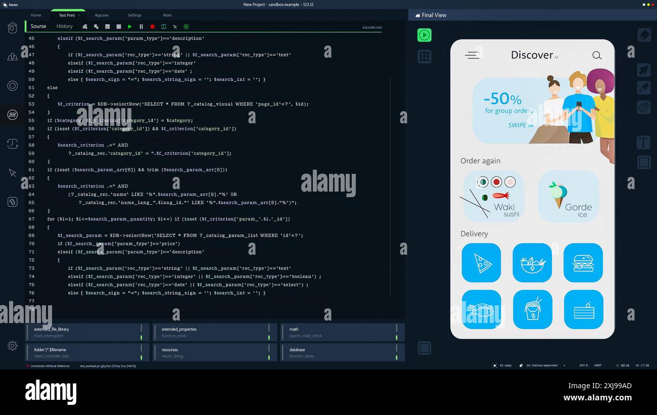 Interface de programmation Dark pour applications mobiles UX, développement d'interface utilisateur avec lignes de code. Processus de codage derrière la conception de l'application Food Delivery. Modèle pour écrans d'ordinateur de bureau et ordinateurs portables. Banque D'Images