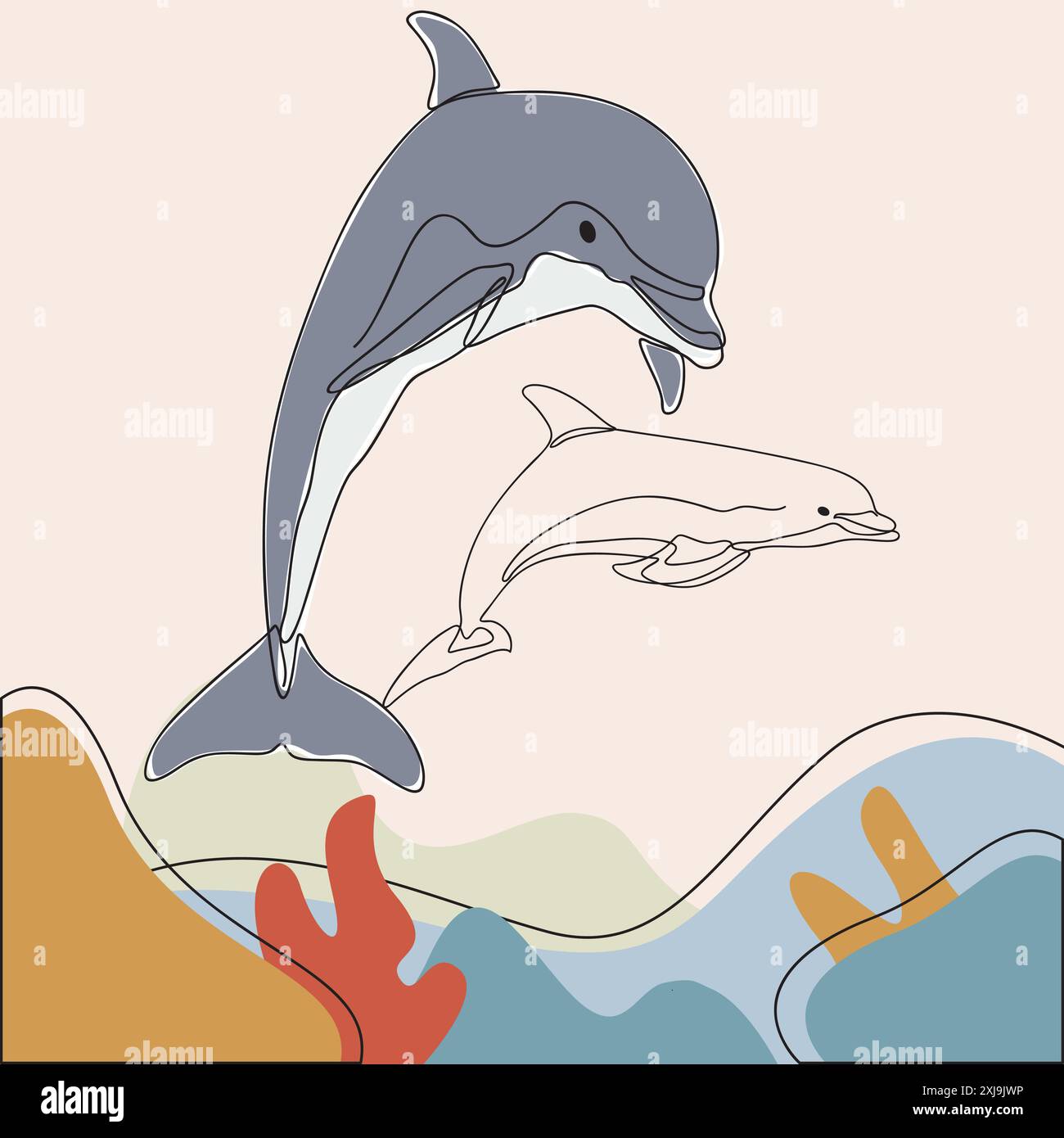 Dauphins ludiques aux couleurs vives, capturés dans un style élégant d'art au trait. Œuvre d'art de la vie marine. Illustration de Vecteur
