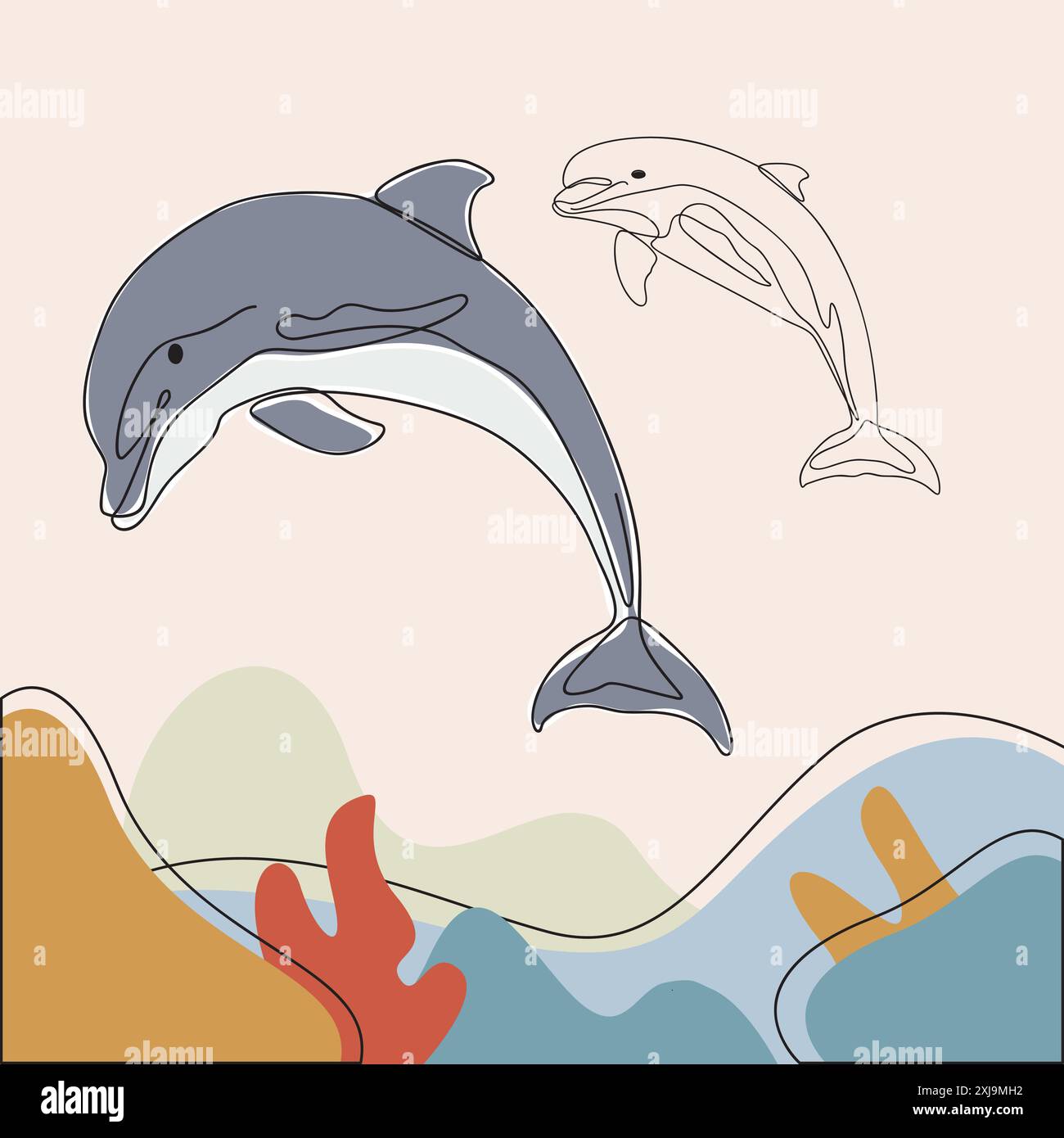 Dauphins ludiques aux couleurs vives, capturés dans un style élégant d'art au trait. Œuvre d'art de la vie marine. Illustration de Vecteur
