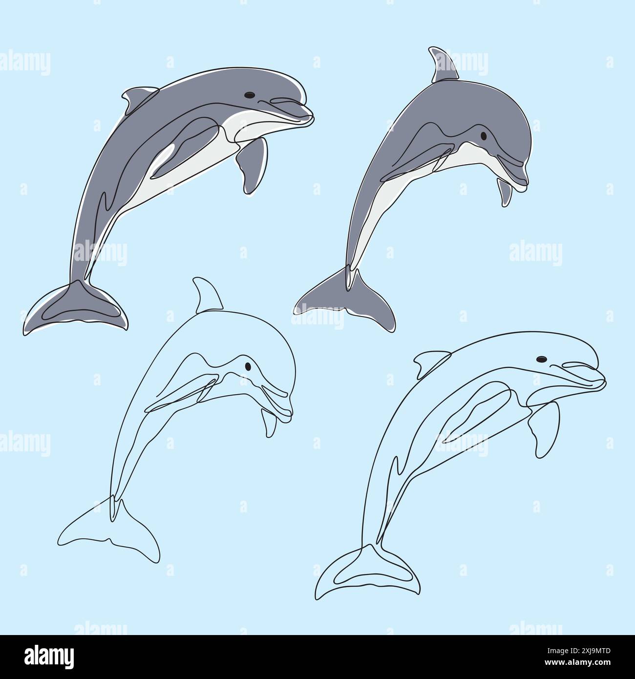 Dauphins ludiques aux couleurs vives, capturés dans un style élégant d'art au trait. Œuvre d'art de la vie marine. Illustration de Vecteur