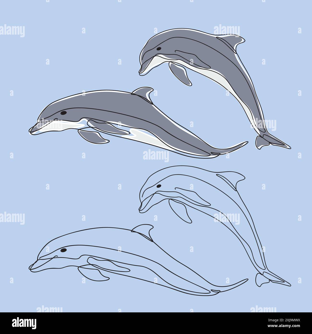 Dauphins ludiques aux couleurs vives, capturés dans un style élégant d'art au trait. Œuvre d'art de la vie marine. Illustration de Vecteur