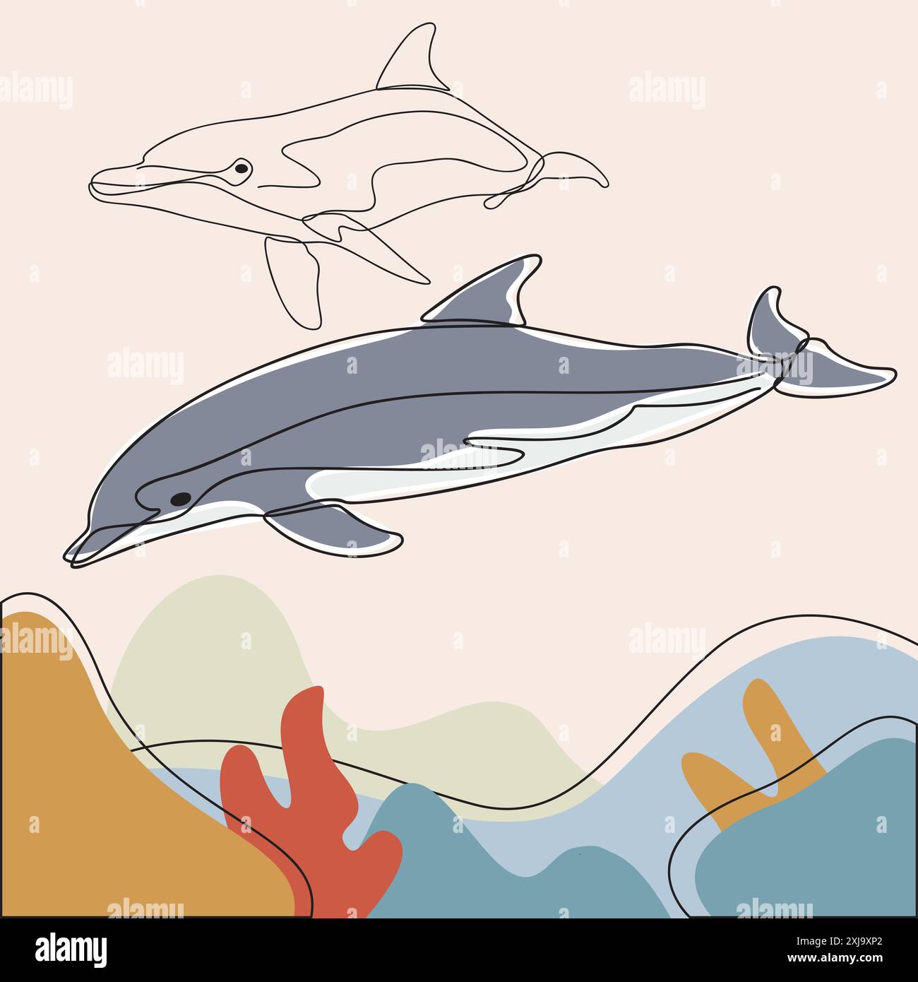 Dauphins ludiques aux couleurs vives, capturés dans un style élégant d'art au trait. Œuvre d'art de la vie marine. Illustration de Vecteur