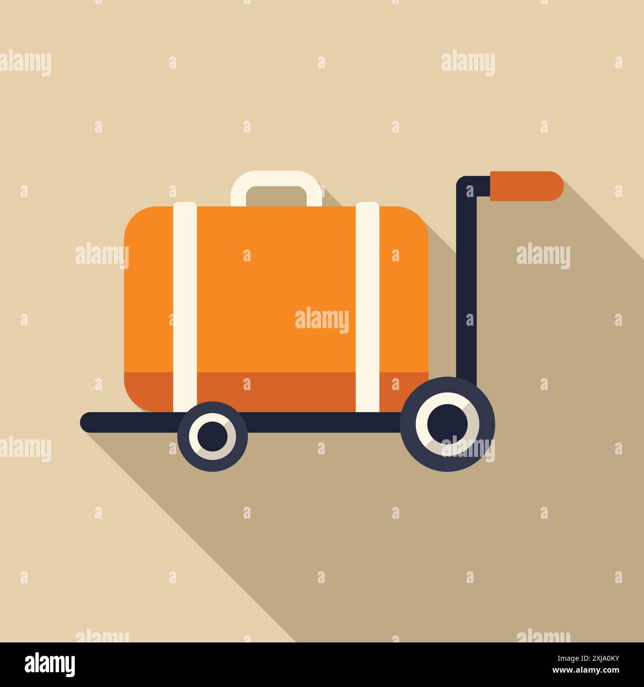 Illustration d'une valise orange debout sur un chariot à bagages, dans un design plat avec une longue ombre Illustration de Vecteur