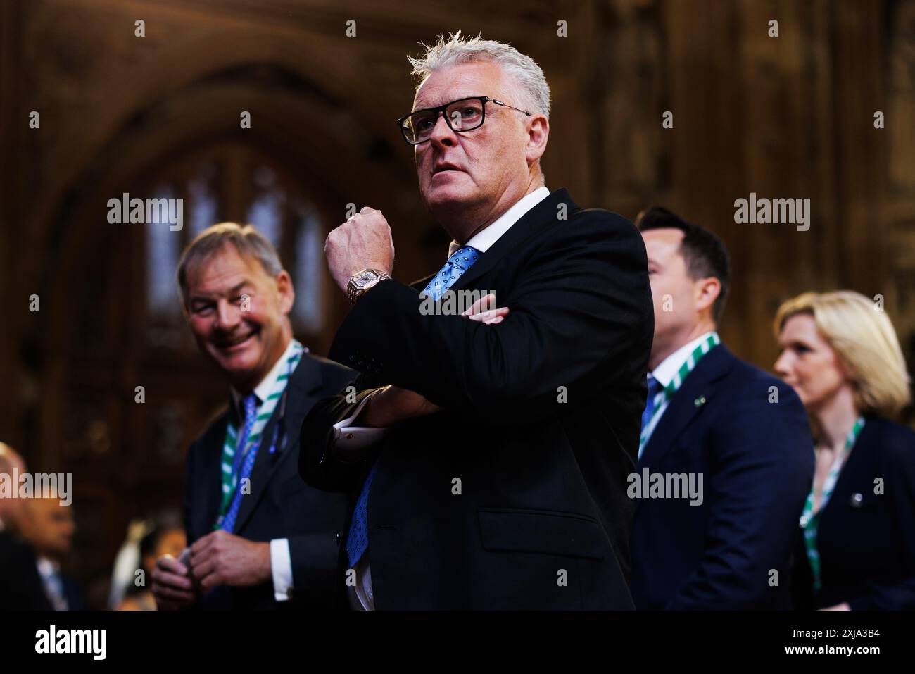 Le député réformiste Lee Anderson traverse le hall central des chambres du Parlement à Londres jusqu'à la Chambre des lords pour entendre le discours du roi lors de l'ouverture du Parlement. Date de la photo : mercredi 17 juillet 2024. Banque D'Images