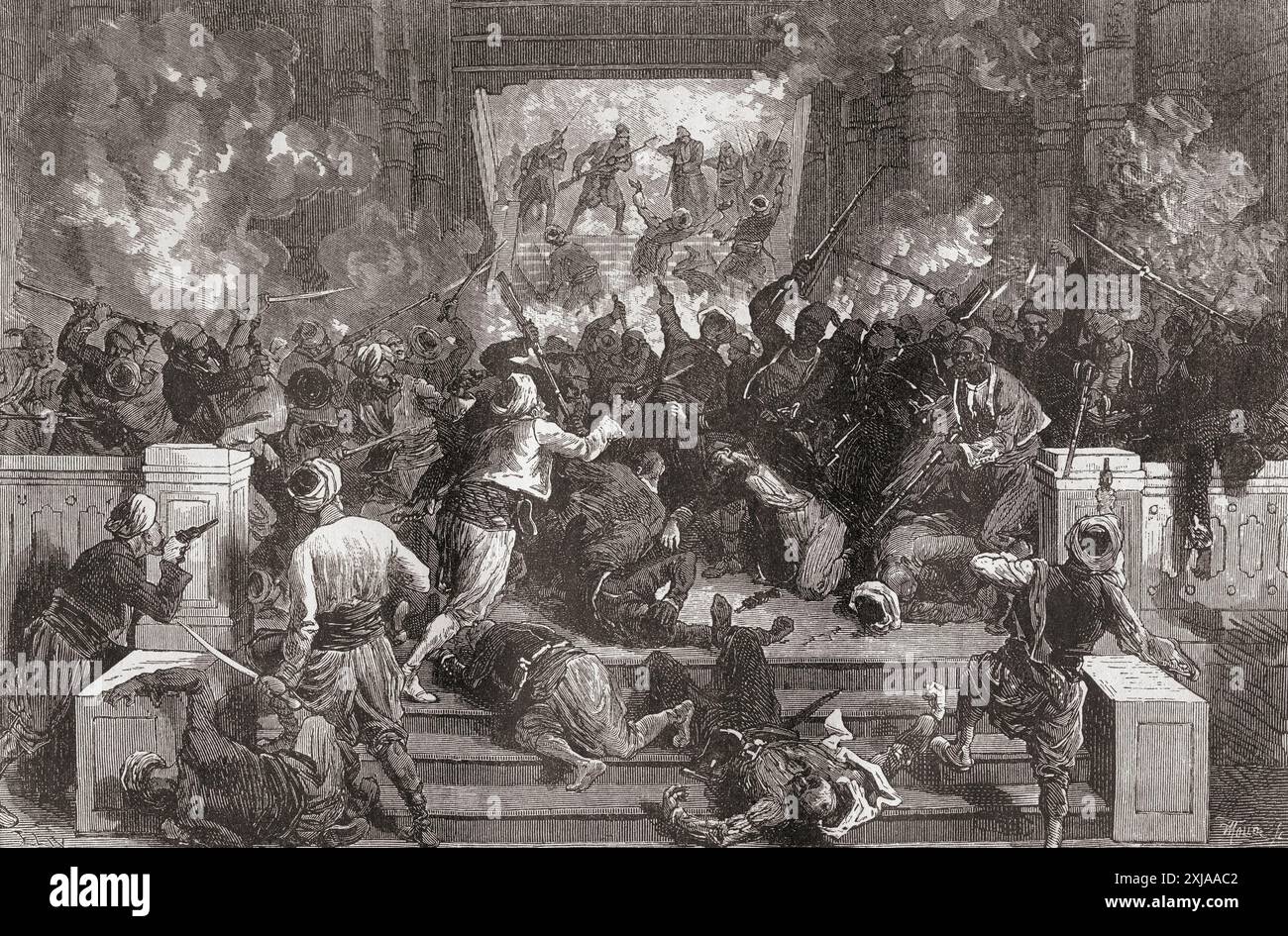 Massacre des conspirateurs au palais de Tcheragan pendant la guerre russo-turque, 1878. Un plan pour emporter Murad et le proclamer Sultan a été déjoué, trois mille soldats ont encerclé le palais, entraînant la mort et la blessure de trois cents des deux côtés. Extrait de Russes et Turcs : la Guerre D'Orient, publié en 1878. Banque D'Images