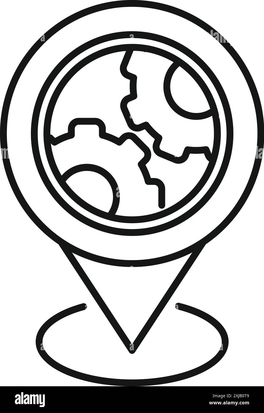 Icône de dessin au trait d'une broche d'emplacement pointant un endroit avec des roues dentées de travail, concept de zone industrielle Illustration de Vecteur