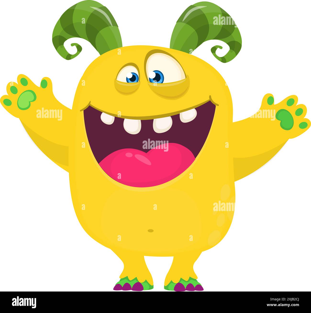 Joyeux monstre de dessin animé agitant les mains. Illustration vectorielle d'Halloween. Idéal pour la décoration de paquet ou de fête. Illustration de Vecteur