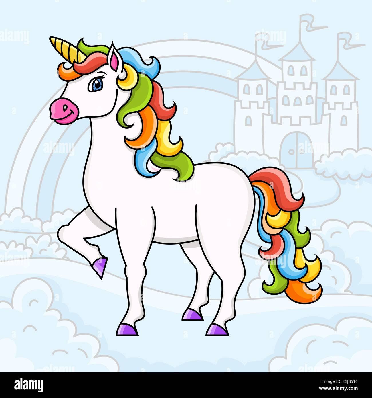 Mignonne licorne. Cheval de fée magique. Paysage avec un beau château. Personnage de dessin animé. Illustration vectorielle colorée. Isolé sur fond de couleur. Des Illustration de Vecteur