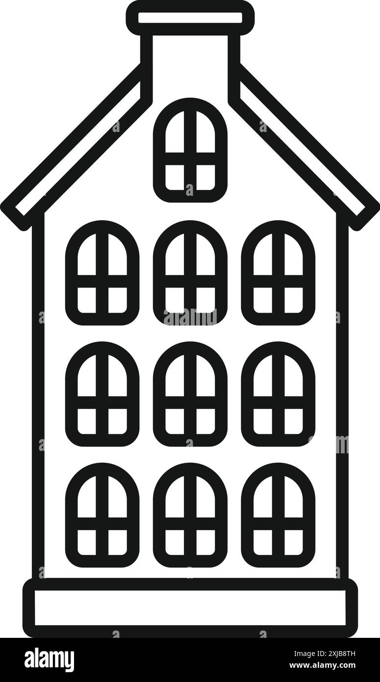 Dessin simple d'une façade de maison hollandaise traditionnelle, avec plusieurs fenêtres et une cheminée Illustration de Vecteur