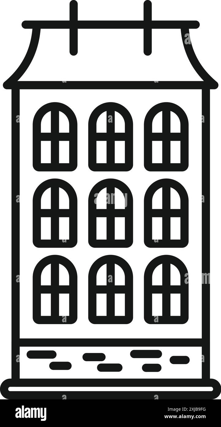 Illustration au trait d'une façade de maison de canal avec fenêtres cintrées, mettant en valeur le style architectural d'amsterdam Illustration de Vecteur