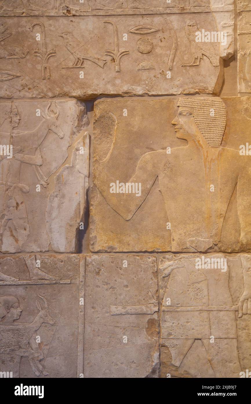 Sculpture égyptienne en bas-relief ornée de hiéroglyphes. Tombeau de Metjen. Old Kingdom. 3e-4e dynastie. Musée égyptien. Berlin, Allemagne. Banque D'Images