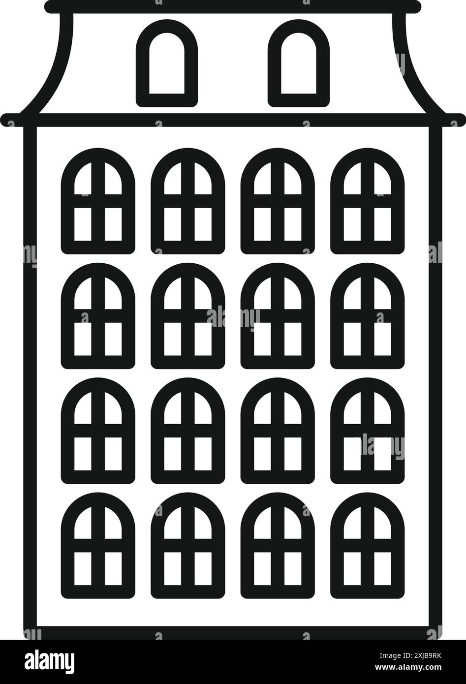 Icône d'art au trait d'une façade de maison de canal avec des fenêtres cintrées, mettant en valeur l'architecture hollandaise traditionnelle Illustration de Vecteur