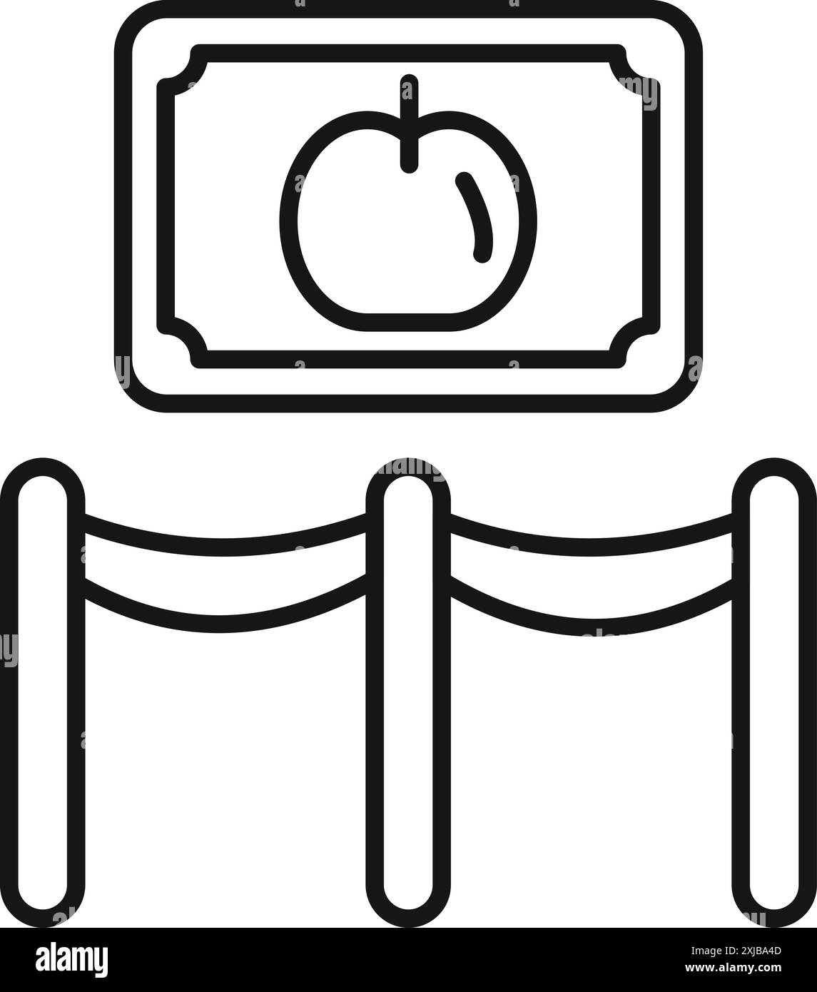 Icône de ligne d'un garde de musée surveillant une célèbre peinture de pomme avec une barrière de corde Illustration de Vecteur Icône de ligne d'un garde de musée surveillant une célèbre peinture de pomme avec une barrière de corde Illustration de Vecteur