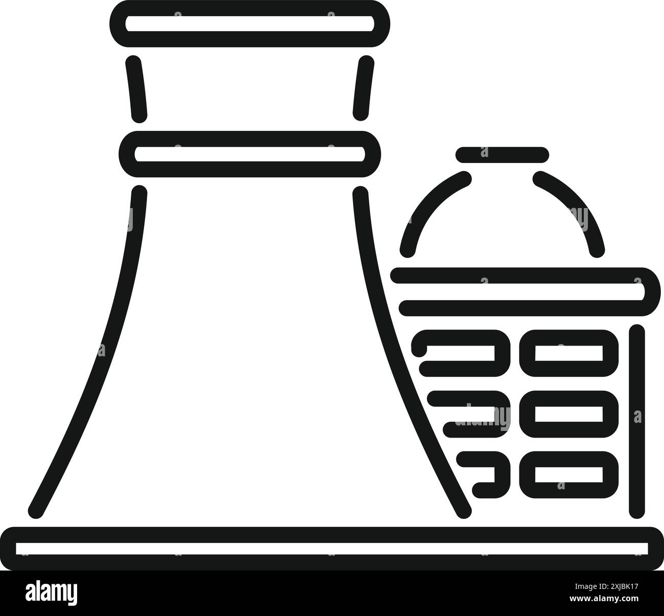 Icône de ligne simple représentant une centrale nucléaire, mettant en évidence le bâtiment du réacteur et la tour de refroidissement Illustration de Vecteur