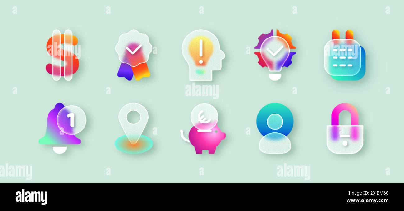 Icônes d'interface utilisateur avec effet de glassmorphisme mat. Signe d'argent de morphisme en verre dépoli transparent, épingle, tête humaine, serrure de sécurité, calendrier, boutons de dégradé de flou pour l'utilisateur de la personne ou la solution d'entreprise pour l'application mobile Illustration de Vecteur