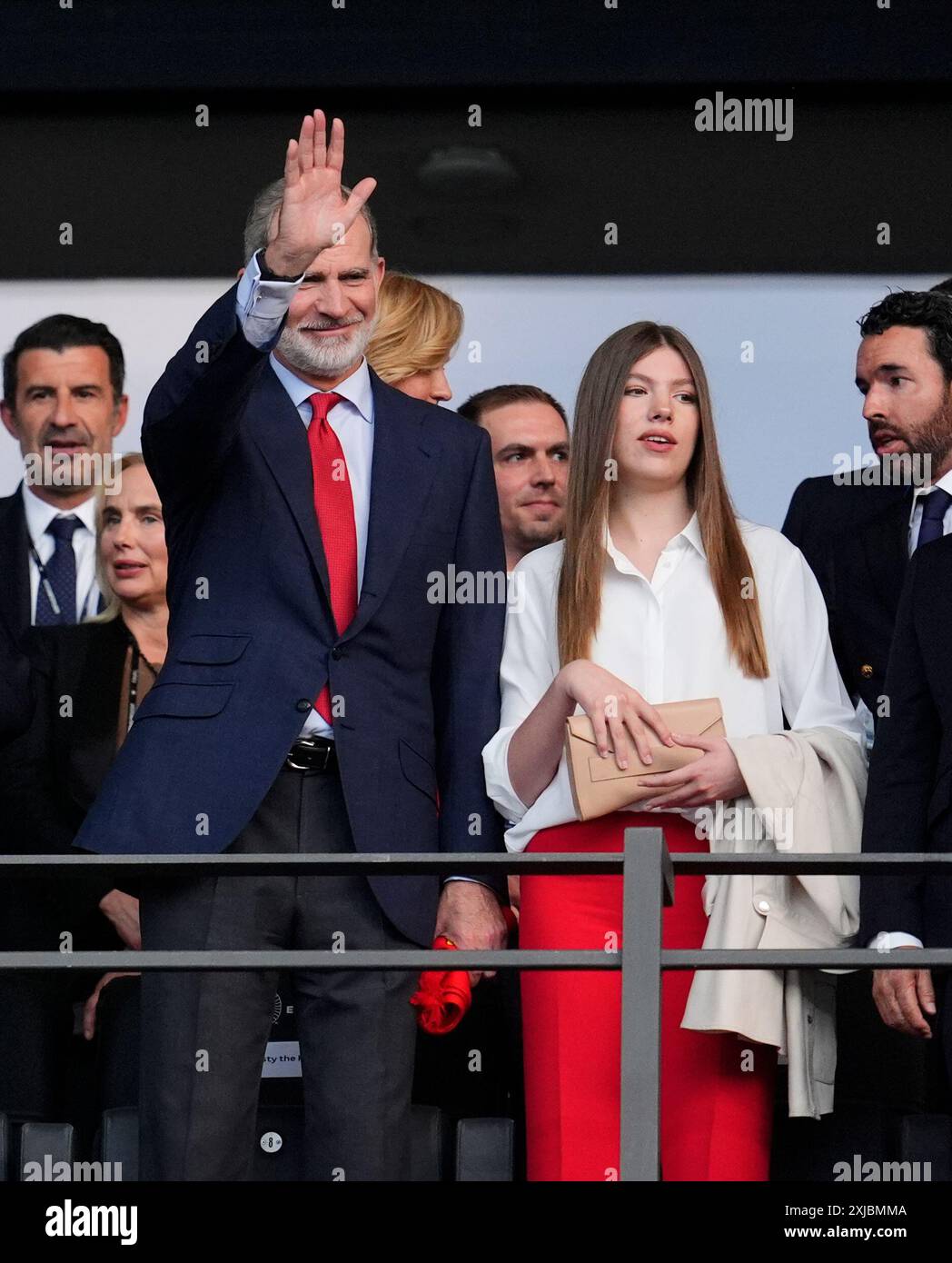 Le roi d'Espagne Felipe VI et l'infante Sofia d'Espagne avant la finale de l'UEFA Euro 2024 à l'Olympiastadion de Berlin. Date de la photo : dimanche 14 juillet 2024. Banque D'Images