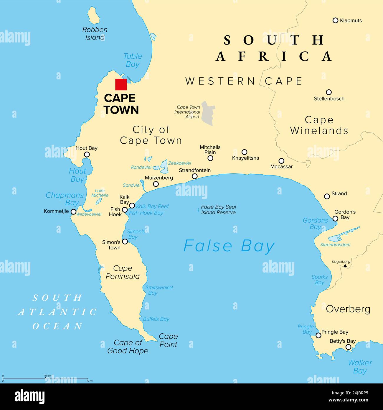 Le Cap, capitale législative de l'Afrique du Sud, carte politique. Avec Cape Peninsula et Cape of Good Hope au sud, formant la False Bay. Banque D'Images